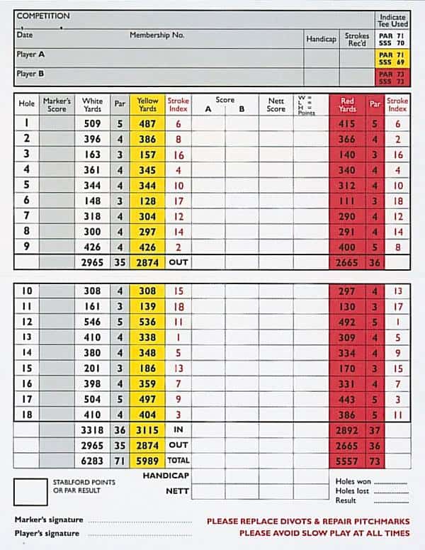 Broome Manor 18 Hole Scorecard