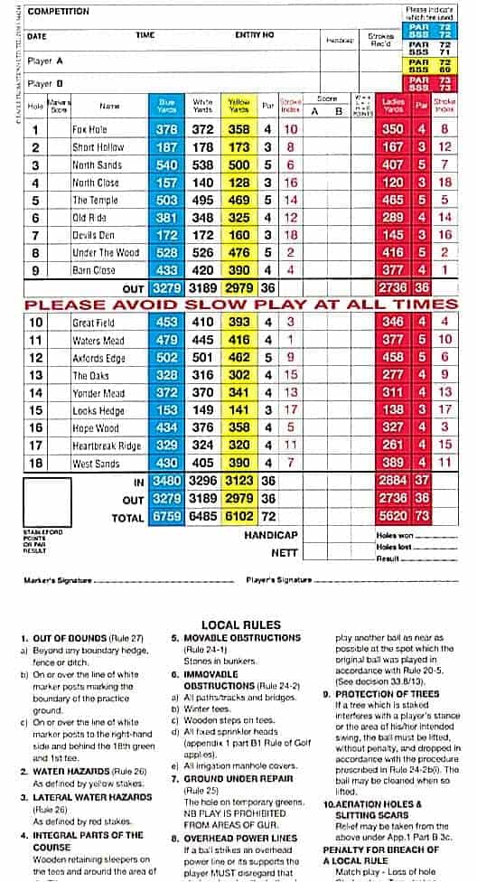 Erlestoke Golf Club Scorecard