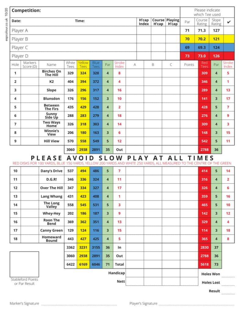 Ogbourne Downs Golf Course Scorecard